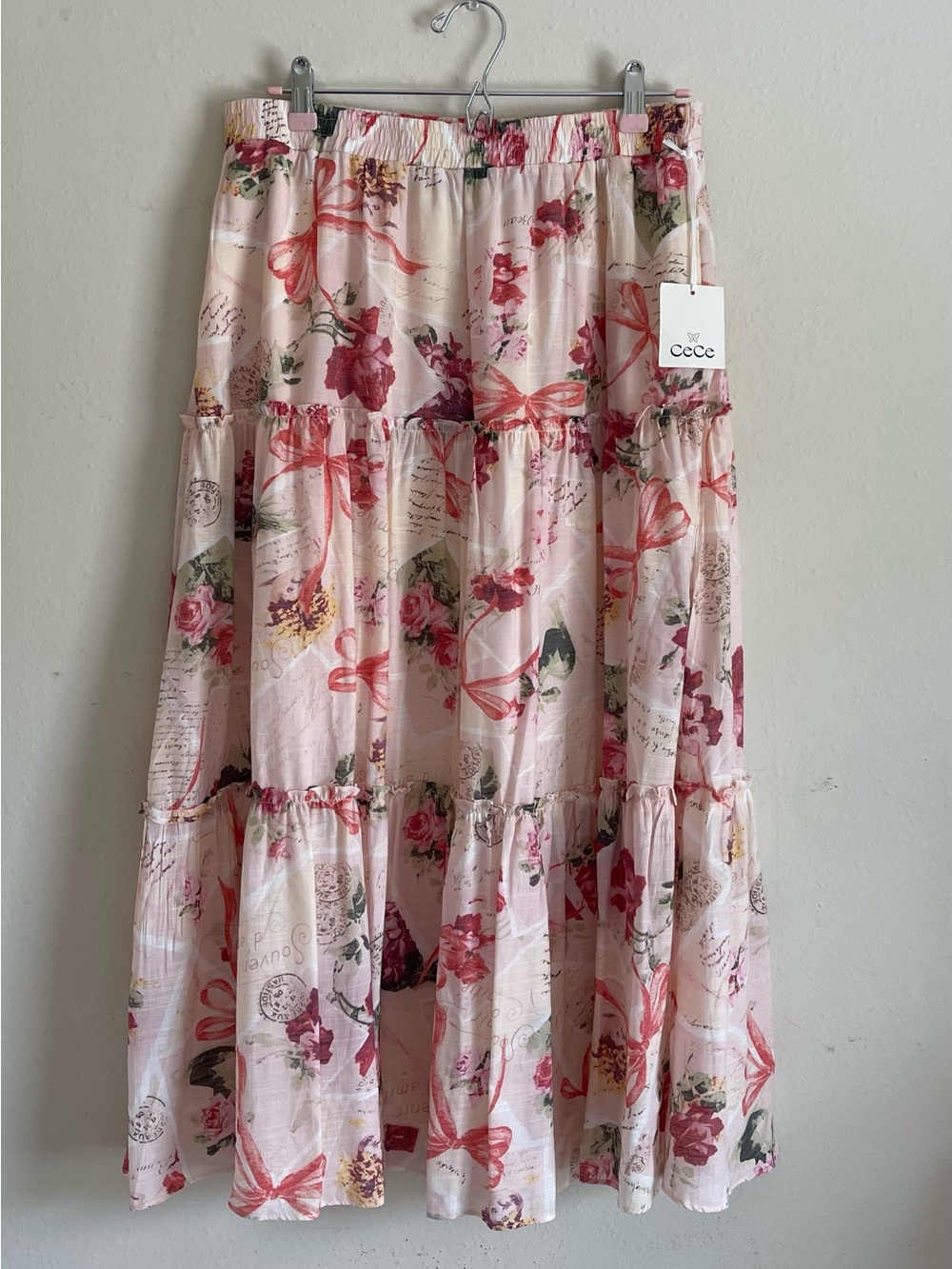 CeCe Pink Cream Floral Ribbon Tiered Maxi Skirt